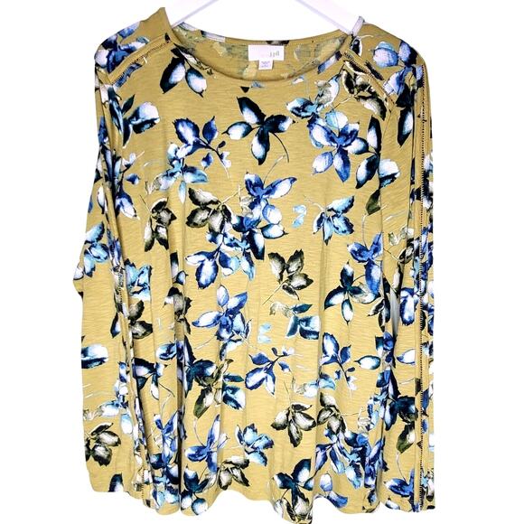 J Jill Green Floral Top Small Petite T-Shirt Round Neck Long Sleeve Casual - Picture 1 of 6
